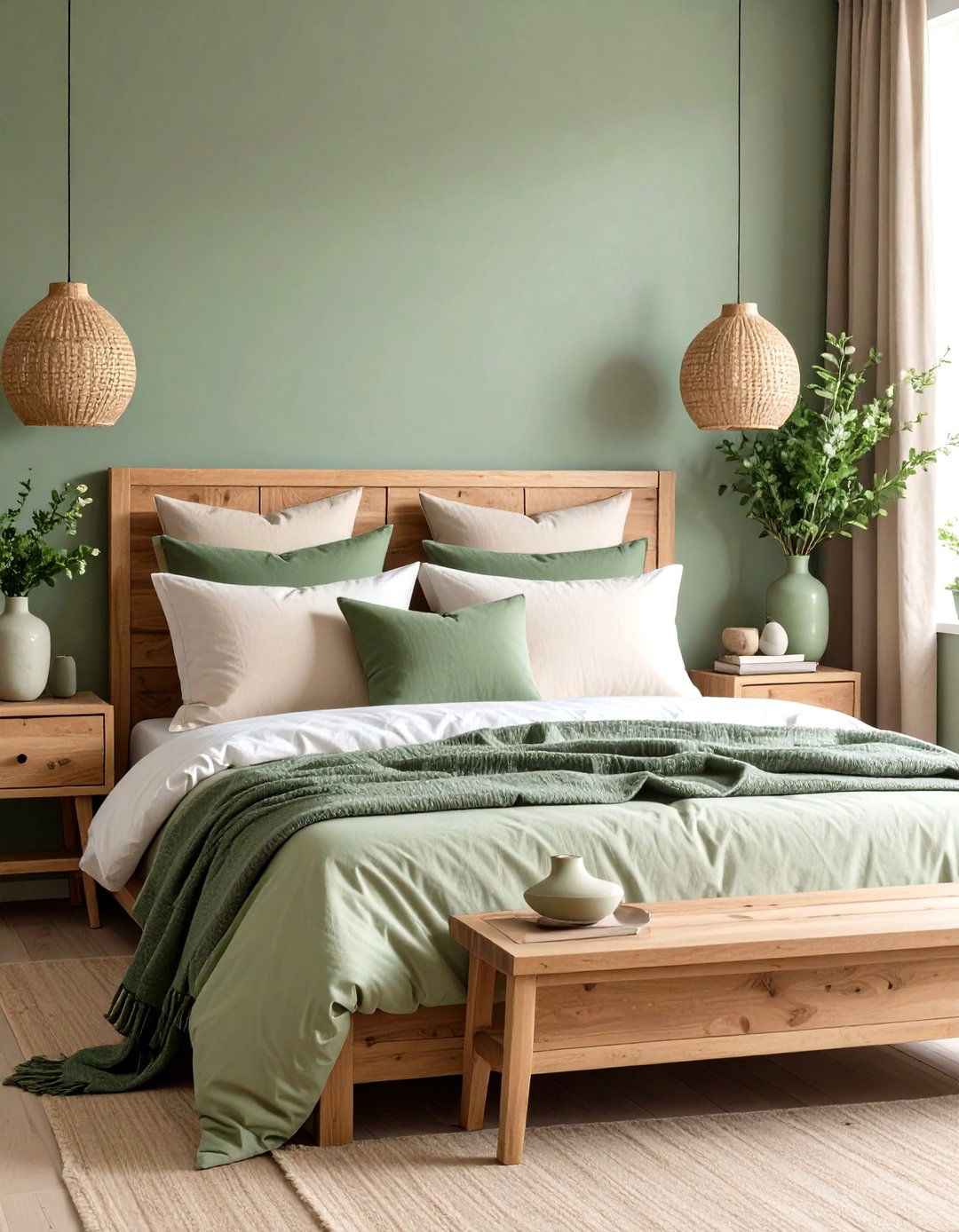 Natural Wood Bedroom Furniture with Green and Beige Motifs - 20 Green and Beige Bedroom Ideas