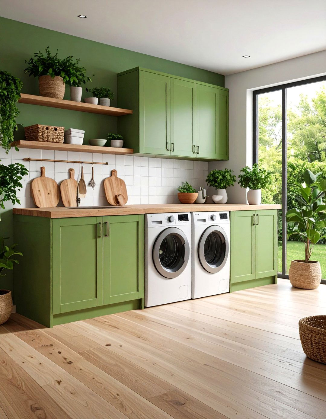 Natural Wood Countertops - 20 Sage Green Laundry Room Ideas
