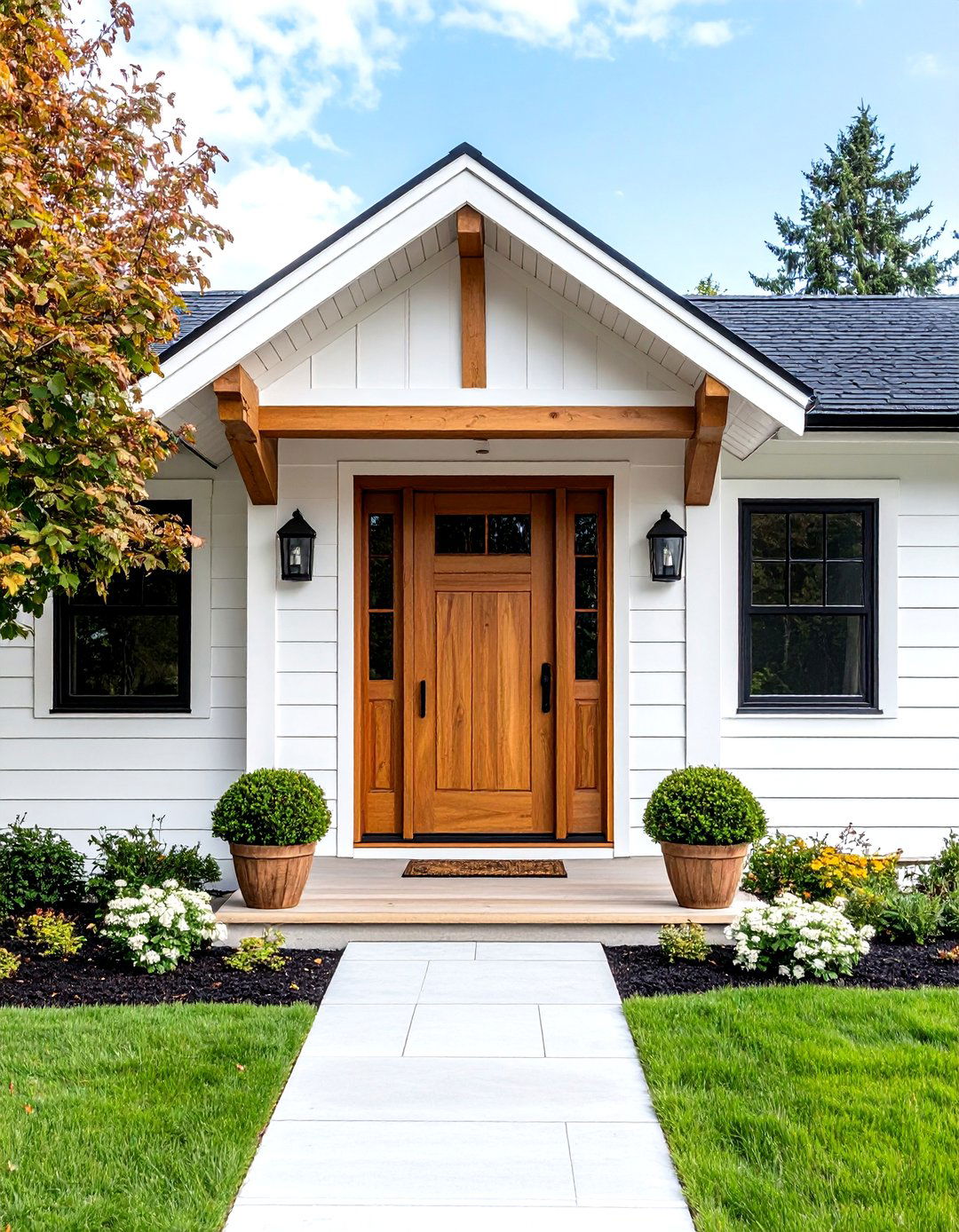 Natural Wood Door White Farmhouse With Black Windows Style - 20 White Farmhouse With Black Windows Ideas
