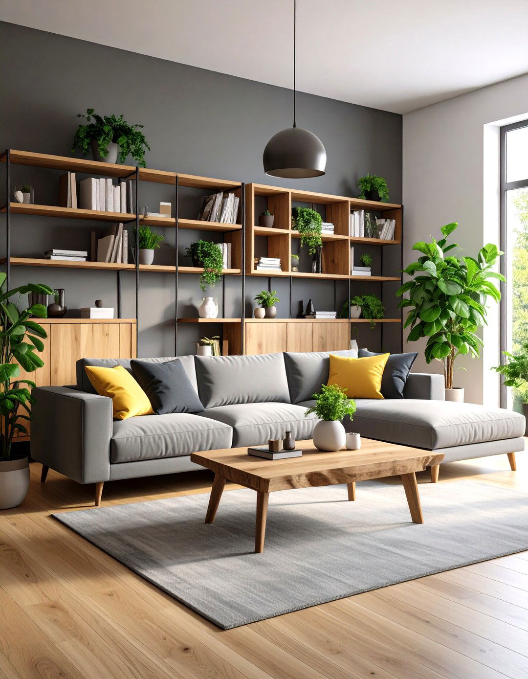 Natural Wood Elements Around Grey Sectional - 20 Grey Sectional Living Room Ideas