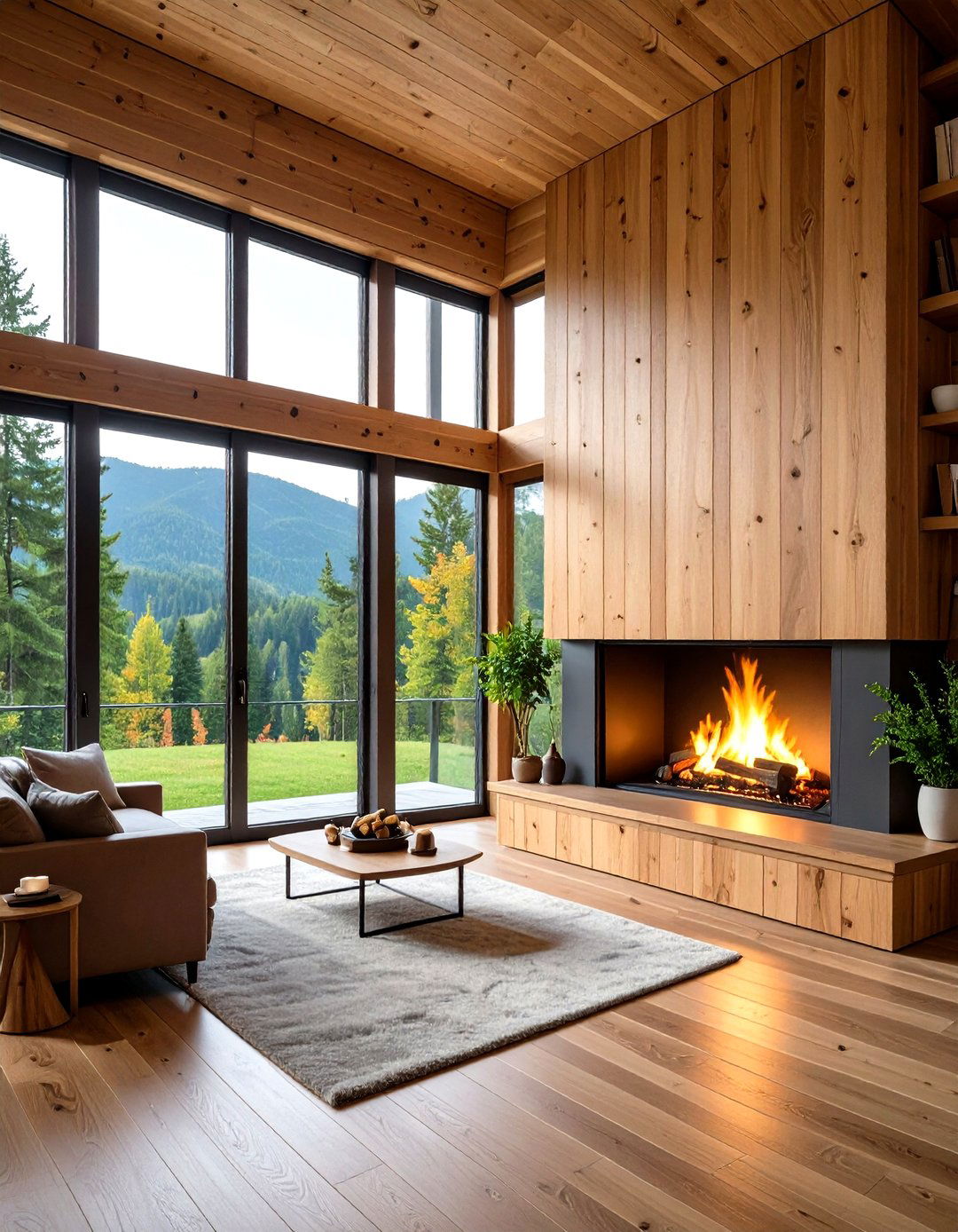Natural Wood Fireplace Wall with Picture Windows - 20 Fireplace Between Windows Ideas