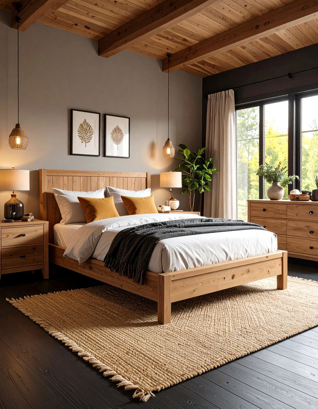 Natural Wood Furniture Warms the Black Floor Bedroom - 20 Black Floor Bedroom Ideas