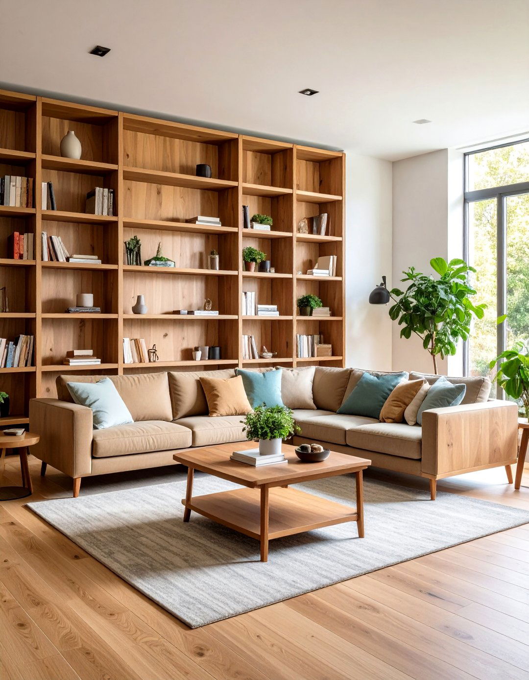 Natural Wood Living Room Bookshelf Warmth - 20 Living Room Bookshelf Ideas
