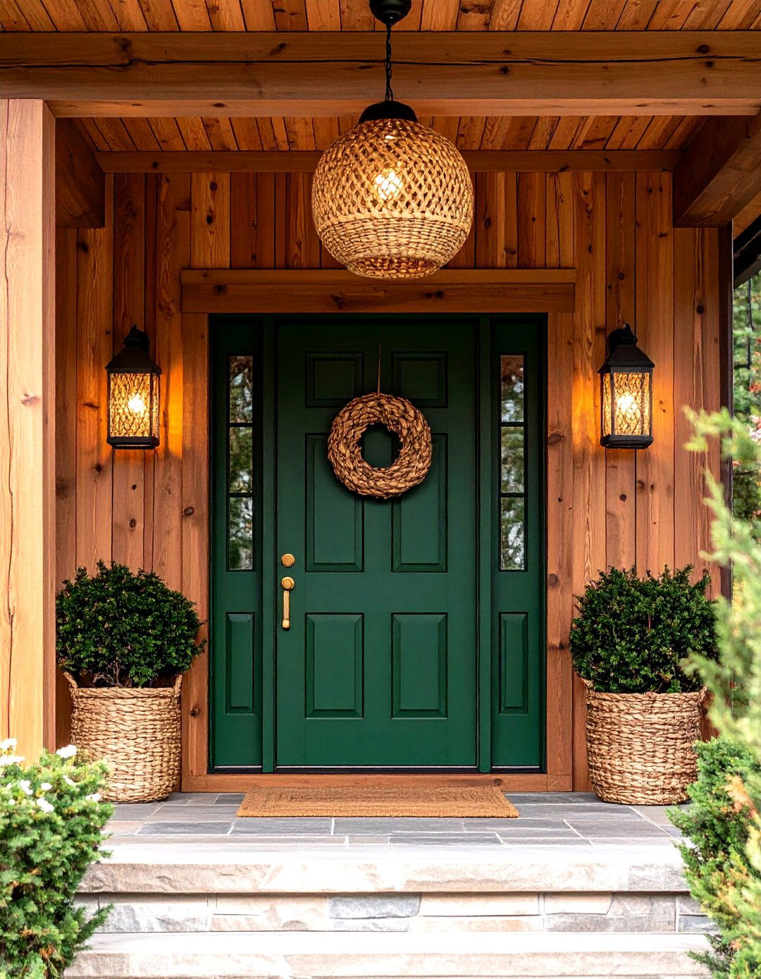 Natural Wood Porch Ceiling Pairing - 20 Dark Green Front Door Ideas