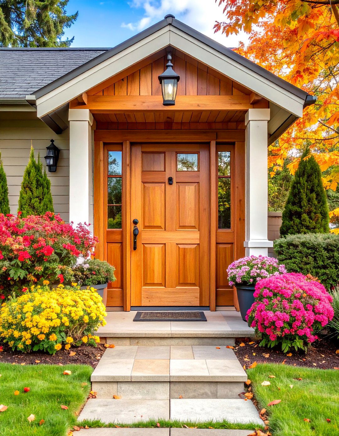 Natural Wood Stain Farmhouse Front Door - 20 Farmhouse Front Door Ideas