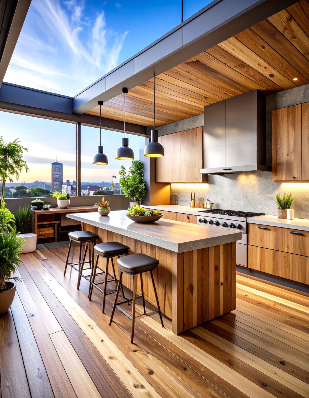Natural Wood and Concrete Rooftop Kitchen - 20 Rooftop Kitchen Ideas