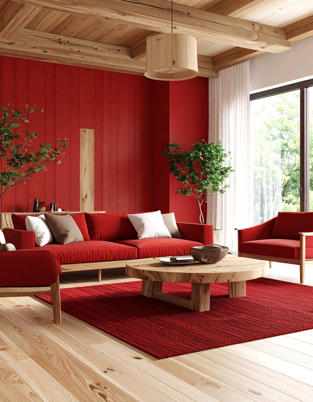 Natural Wood and Red Contrast - 20 Red Living Room Ideas
