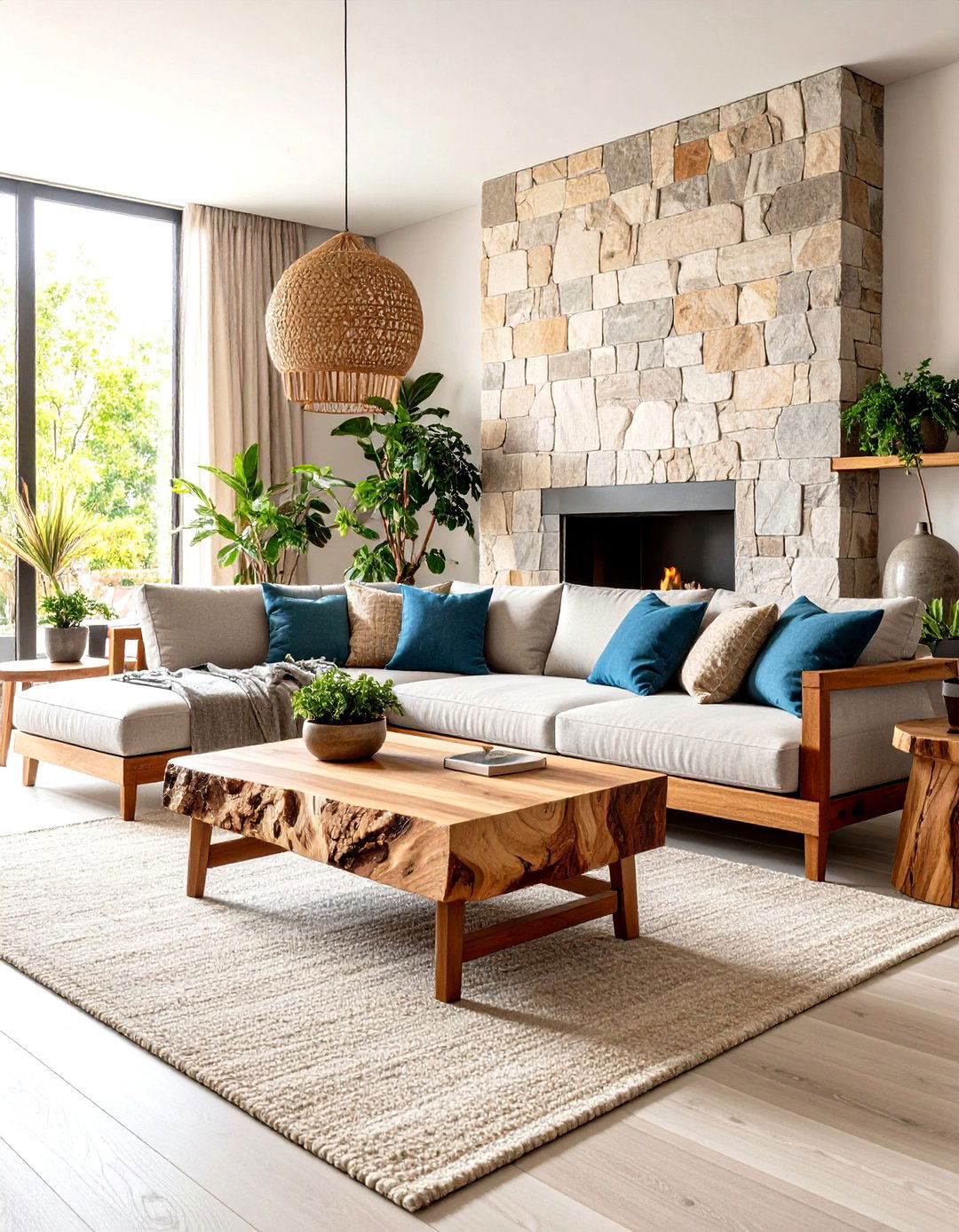 Natural Wood and Stone Mid Century Modern Living Room - 20 Mid-Century Modern Living Room Ideas
