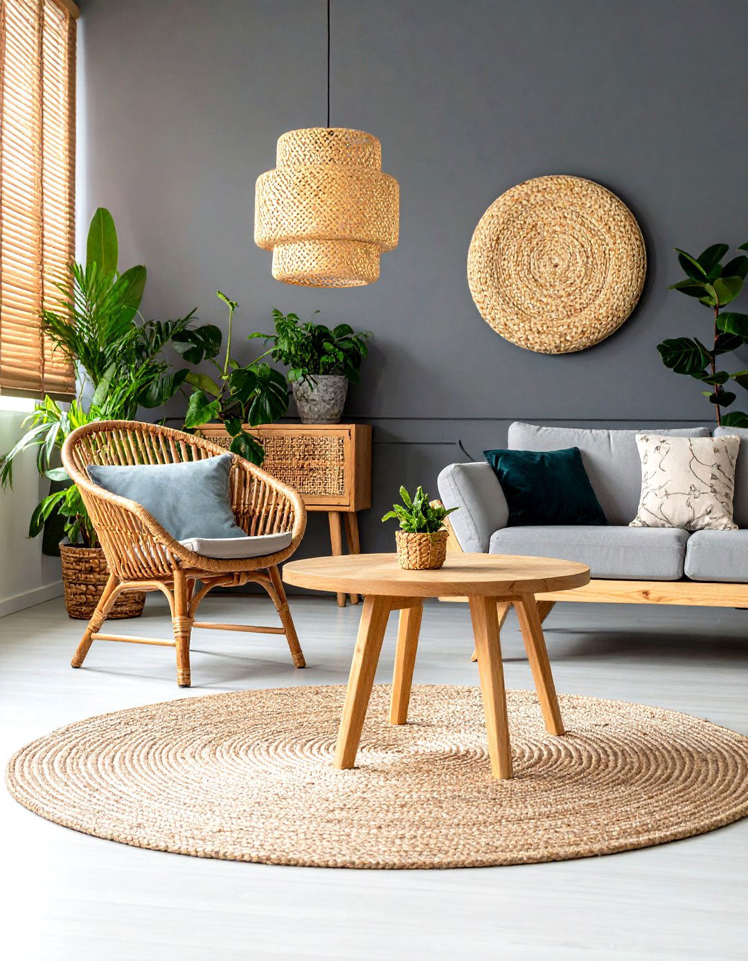 Natural Wood and Woven Texture Warm a Gray Living Room - 20 Gray Living Room Ideas