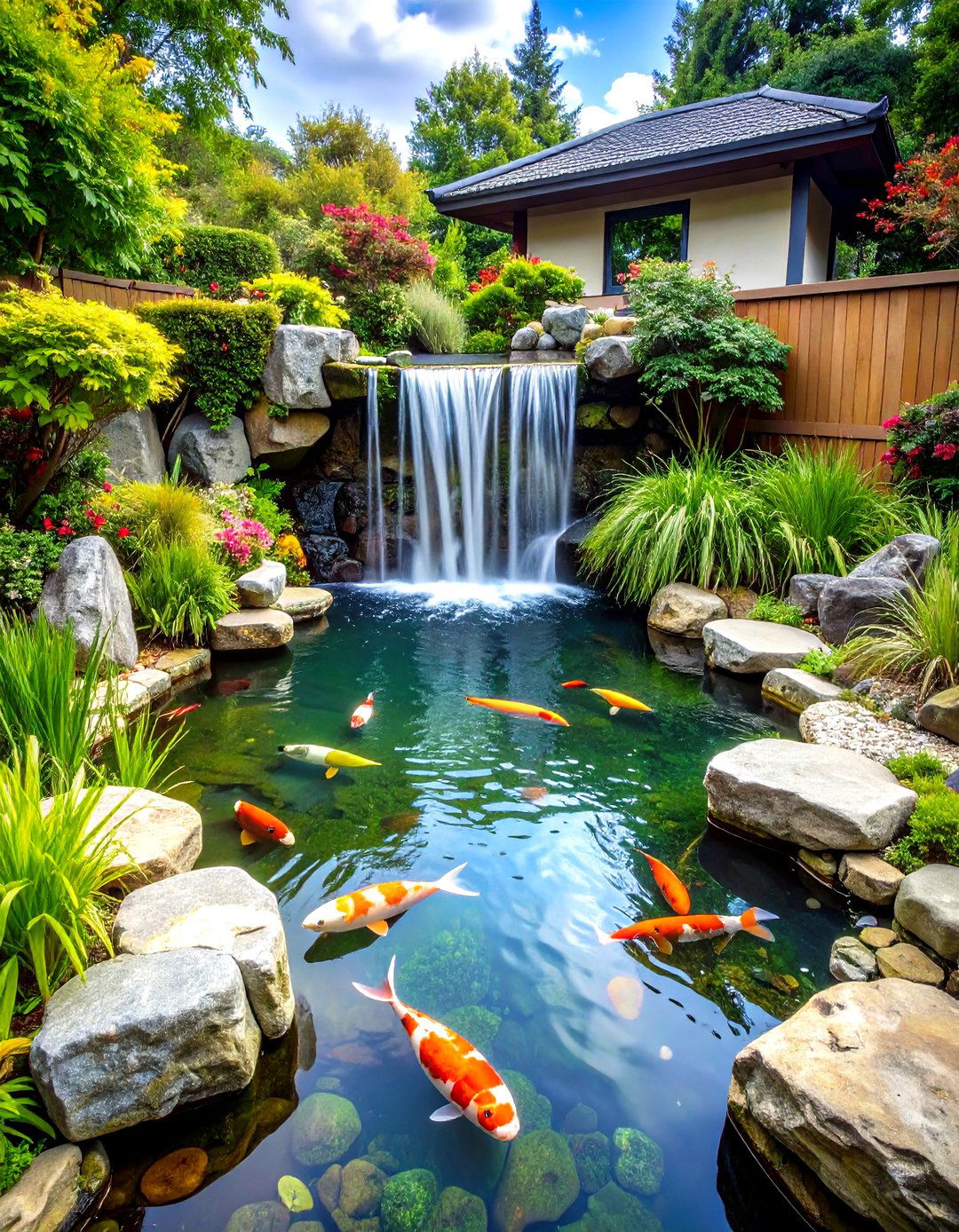 Naturalistic Koi Pond Water Feature with Cascading Waterfall - 20 Water Feature Ideas