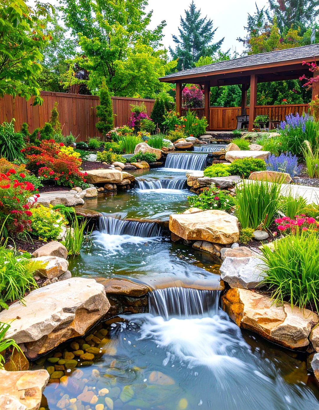 Naturalistic Stream Pond Landscaping with Flowing Water Connections - 20 Pond Landscaping Ideas