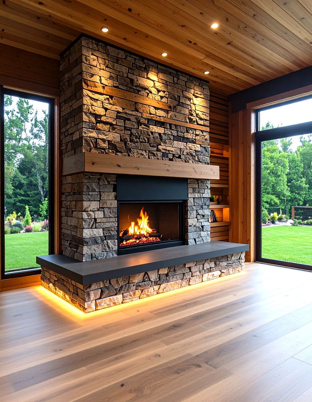 Nature Blended Stone and Timber - 20 Fireplace Wall Ideas