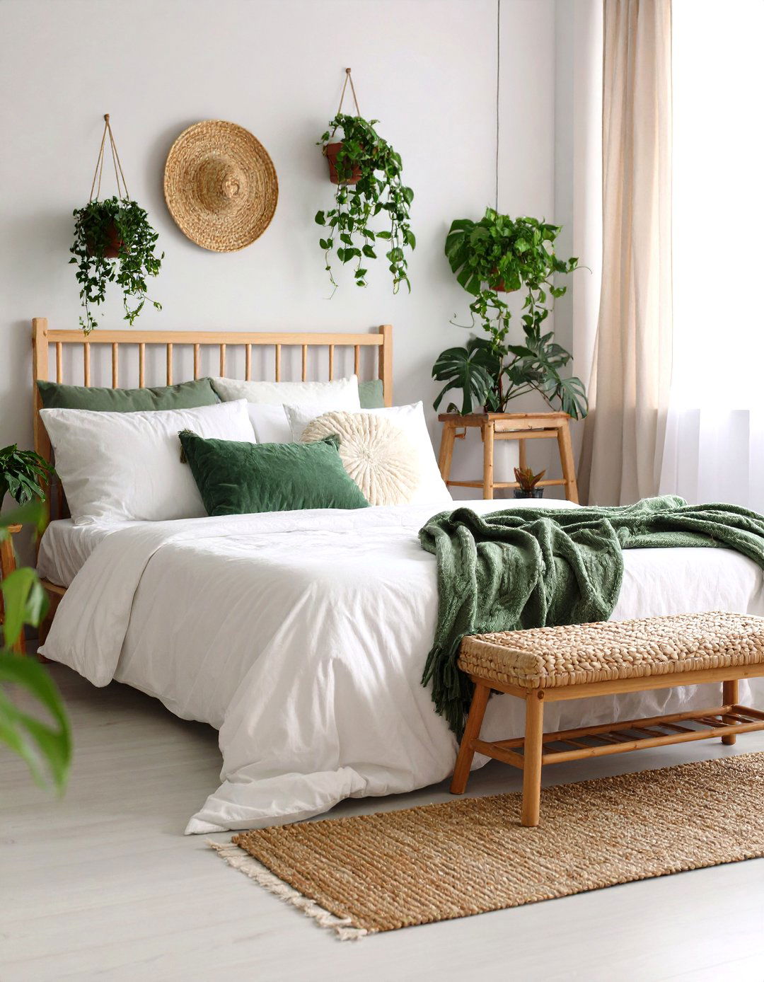 Nature Rich Layers Plants Linen and Wicker - 20 Green and White Bedroom Ideas