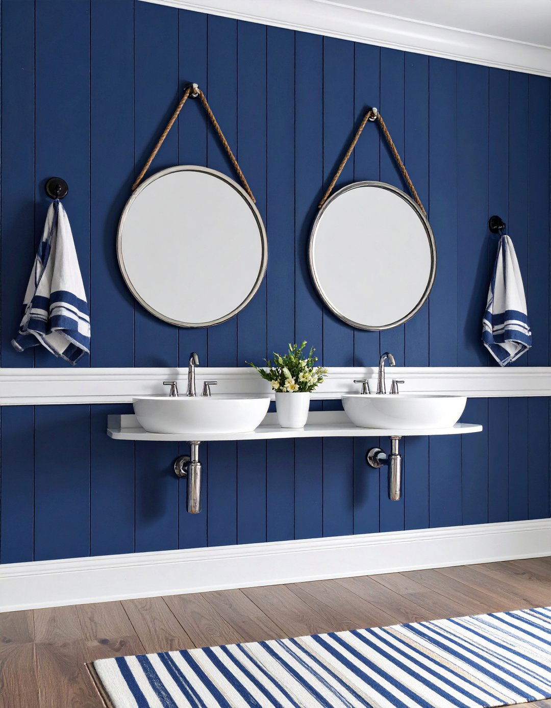 Nautical Stripe Wainscot - 20 Blue and White Bathroom Ideas