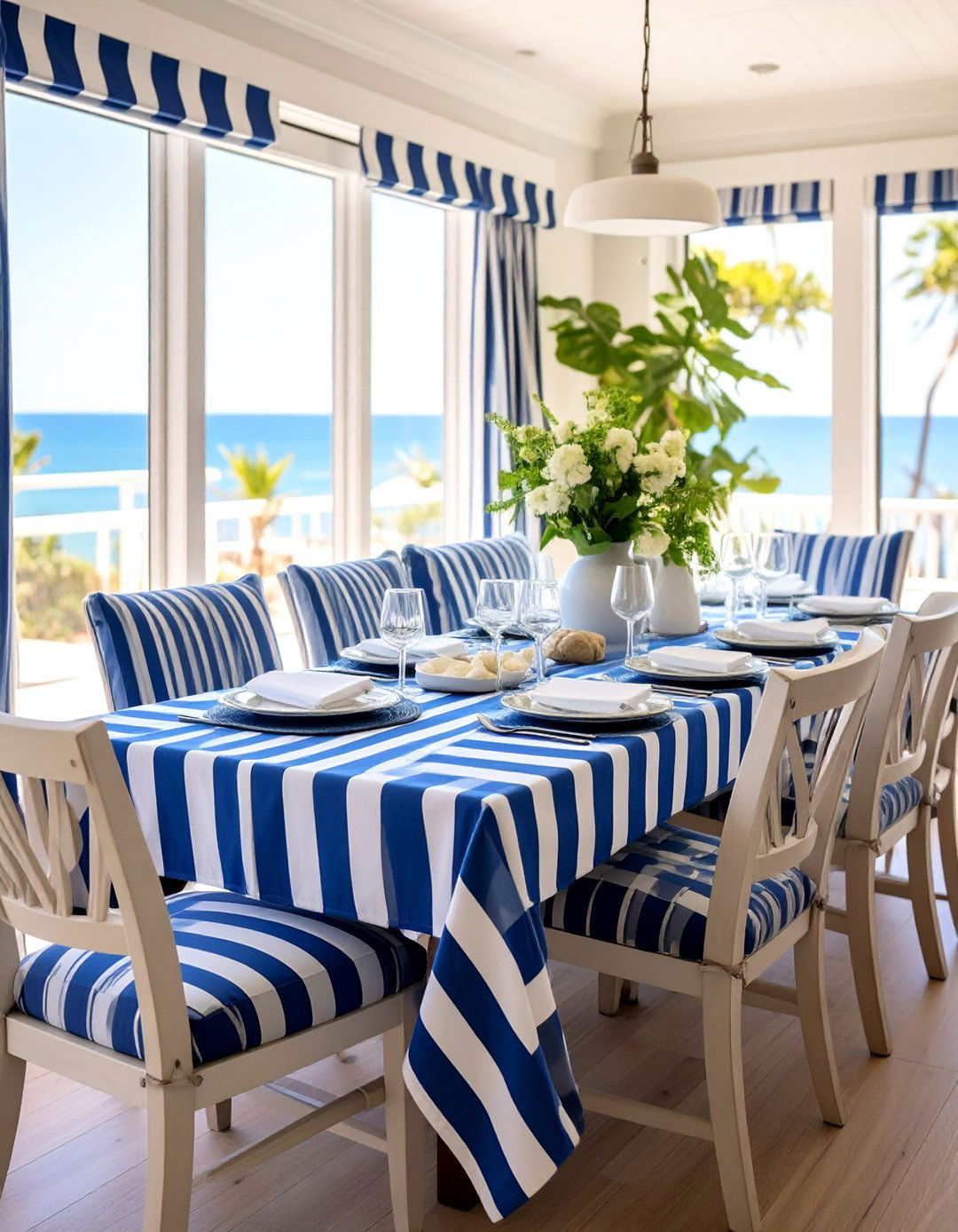 Nautical Striped Coastal Dining Room Textiles - 20 Coastal Dining Room Ideas