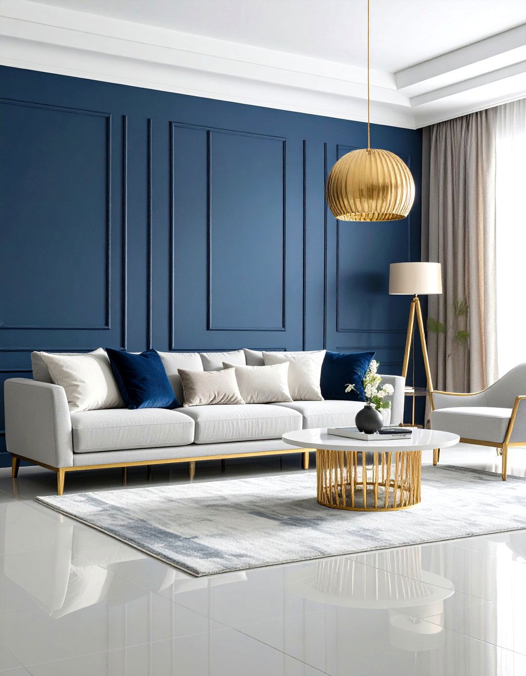 Navy Blue Accent Wall Grey Floor Living Room with Blue Walls Contemporary Style - 20 grey floor living room with blue walls ideas