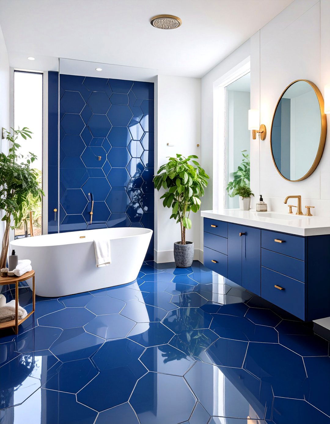 Navy Blue Bathroom Hexagon Floor Tile Ideas - 20 Blue Bathroom Ideas