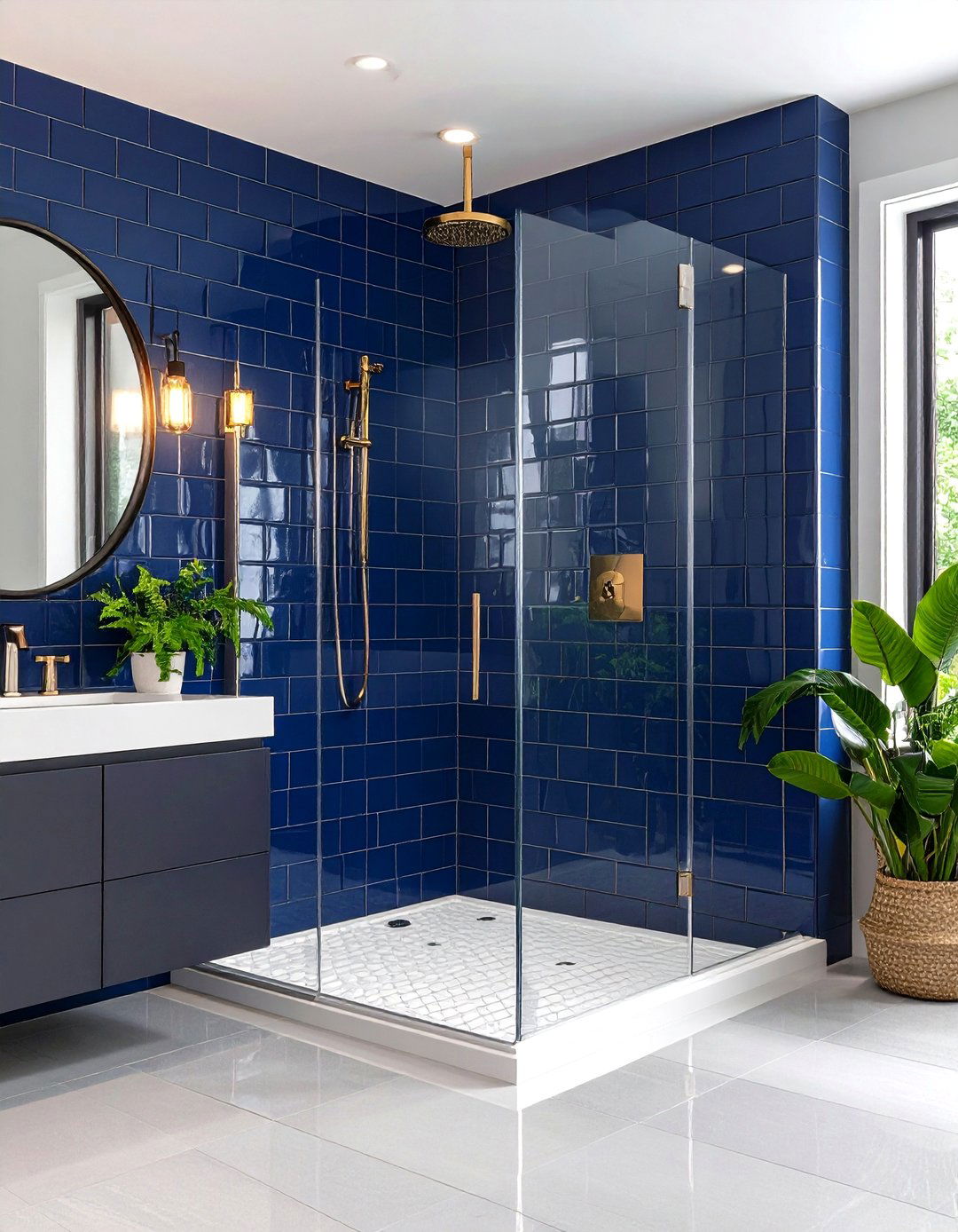 Navy Blue Bathroom Ideas with Subway Tile Shower Surrounds - 20 Blue Bathroom Ideas