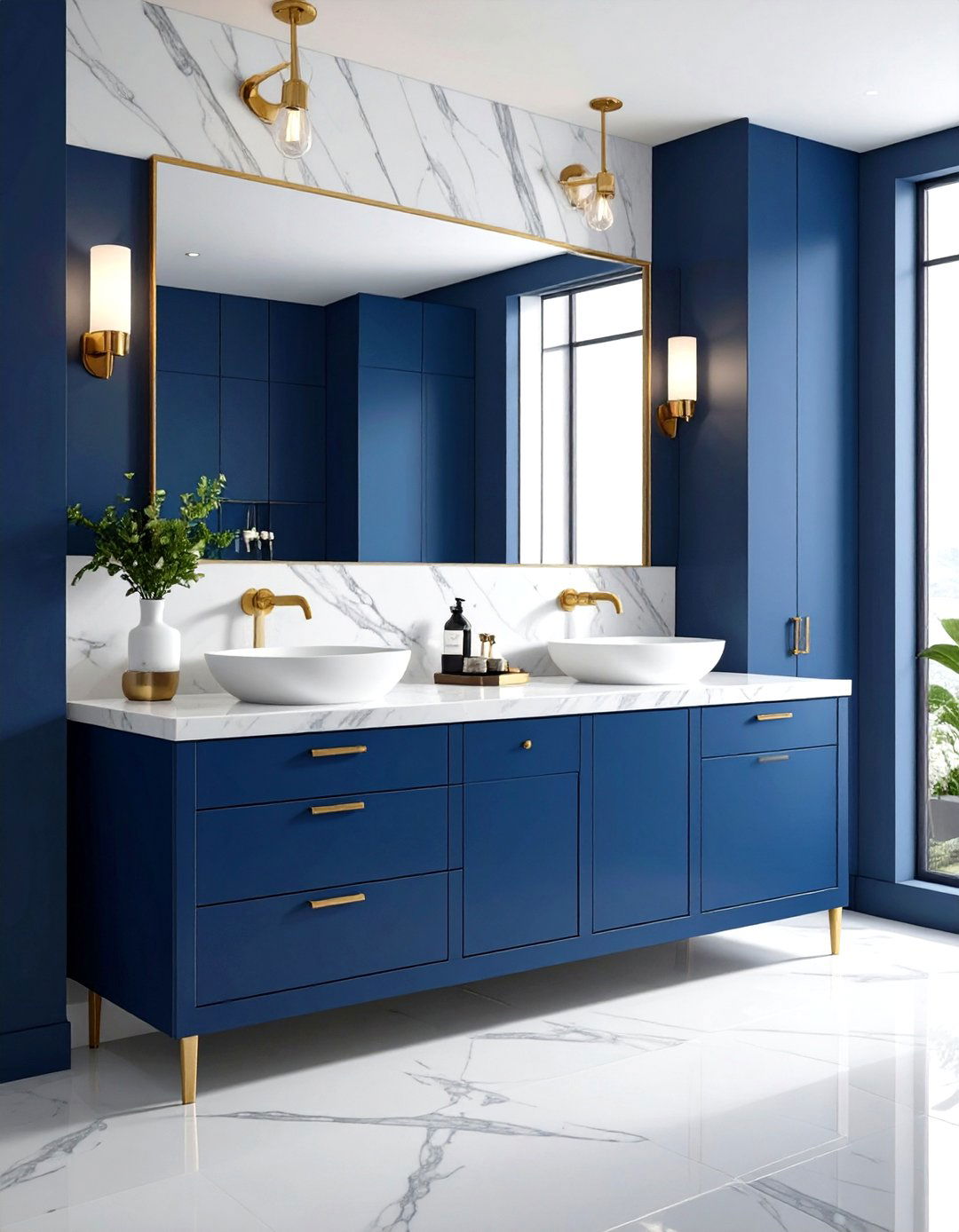 Navy Blue Bathroom Vanity with White Marble Countertops - 20 Blue Bathroom Ideas