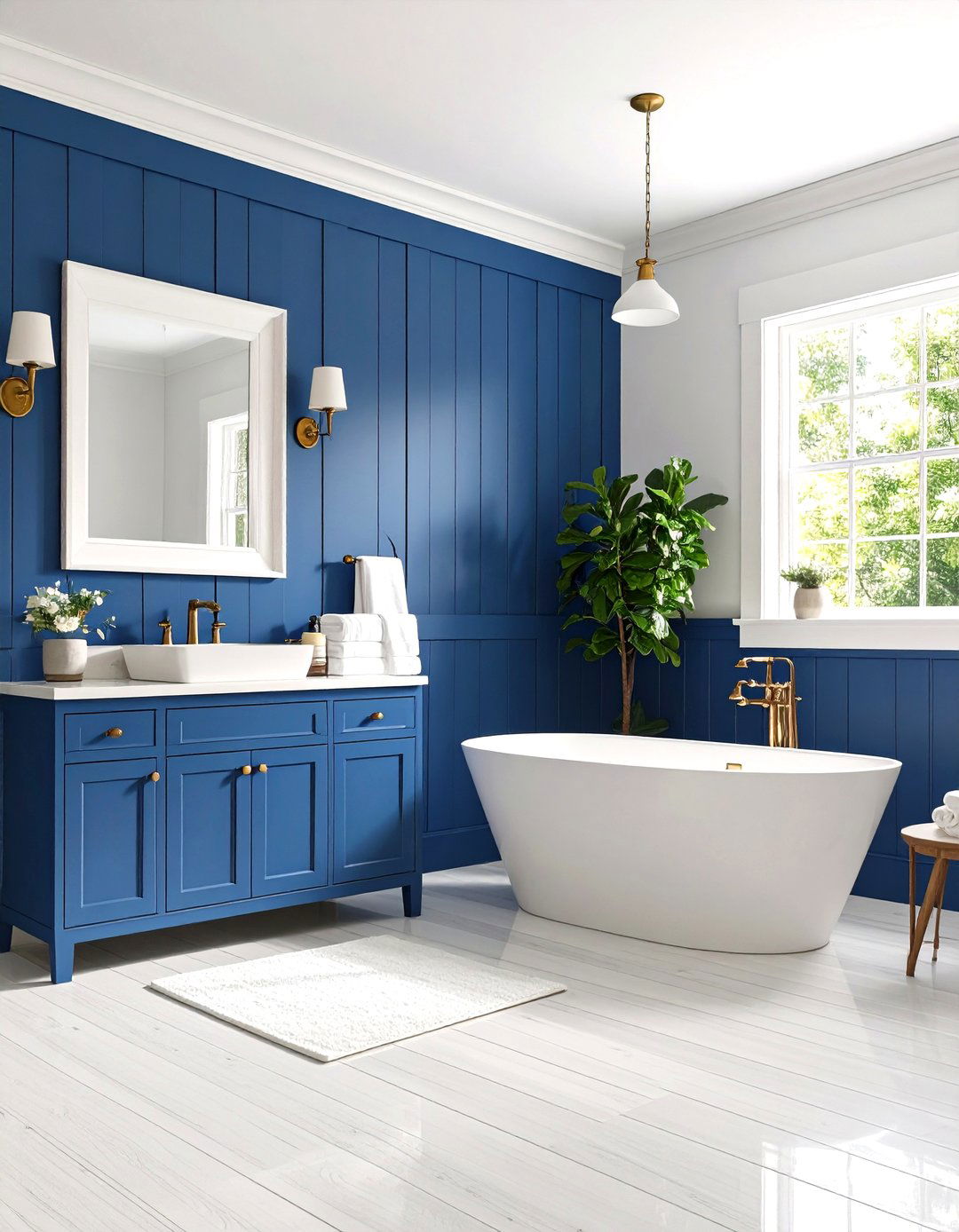 Navy Blue Bathroom Wainscoting Ideas with White Upper Walls - 20 Blue Bathroom Ideas