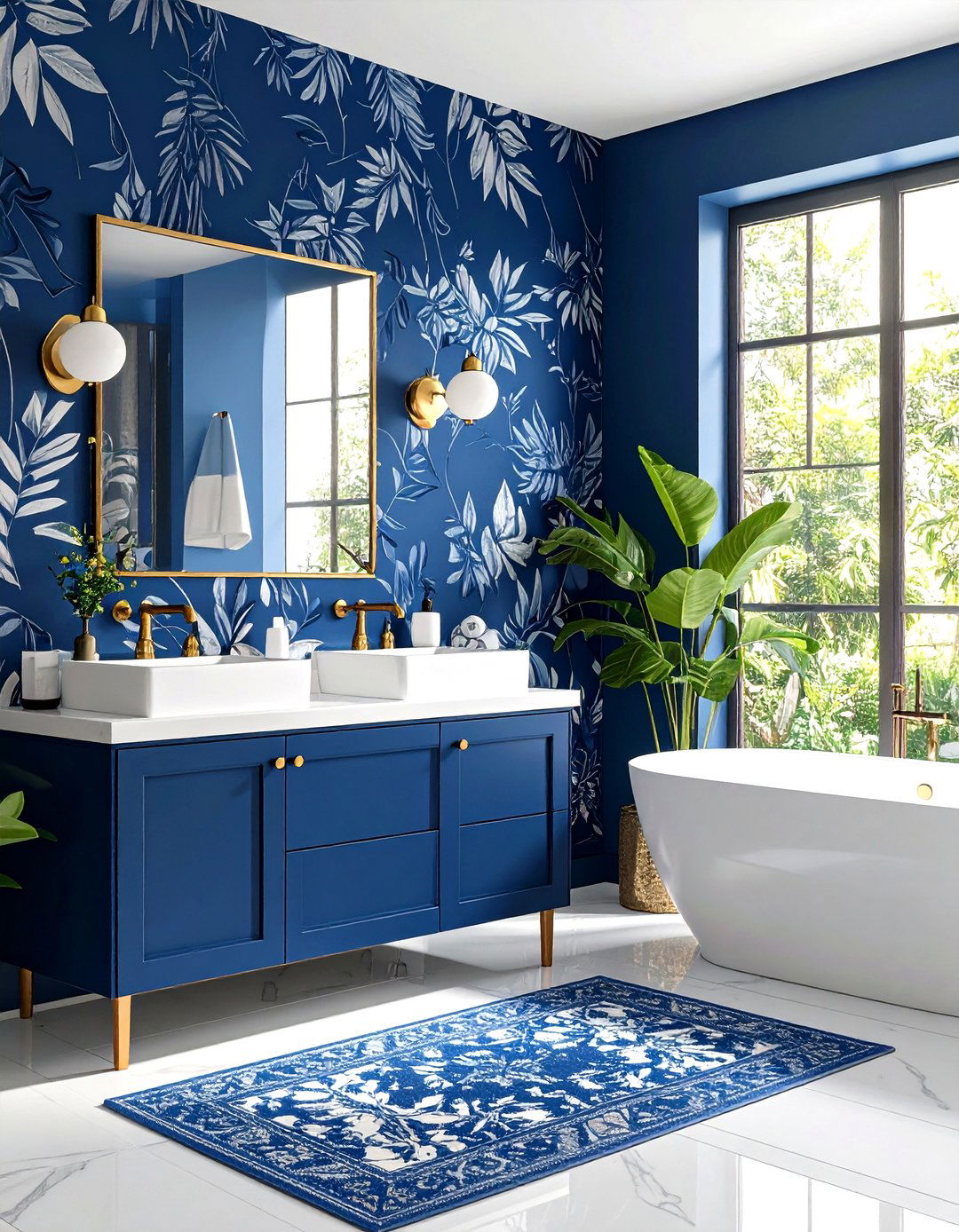 Navy Blue Bathroom Wallpaper Ideas with Brass Fixtures - 20 Blue Bathroom Ideas