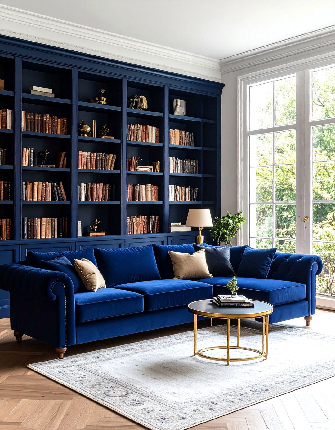 Navy Blue Bookcases Around Window Design - 20 Bookcases Around Window Design Ideas