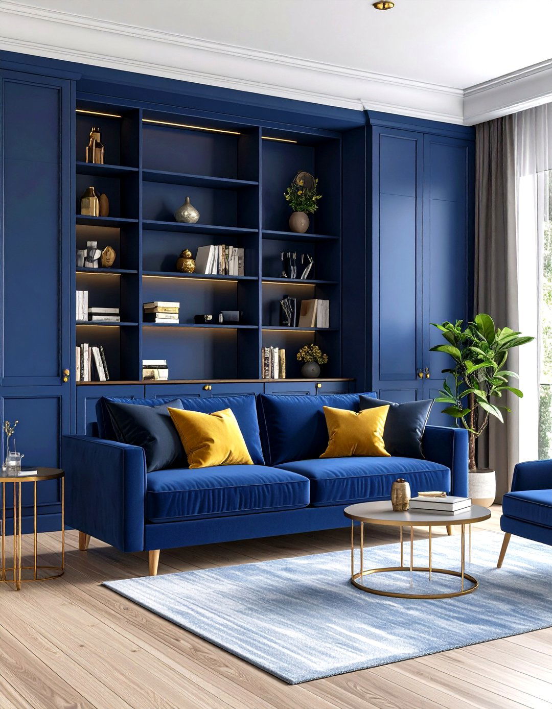 Navy Blue Built in Cabinetry with Gold Hardware Living Room Ideas - 20 Blue and Gold Living Room Ideas