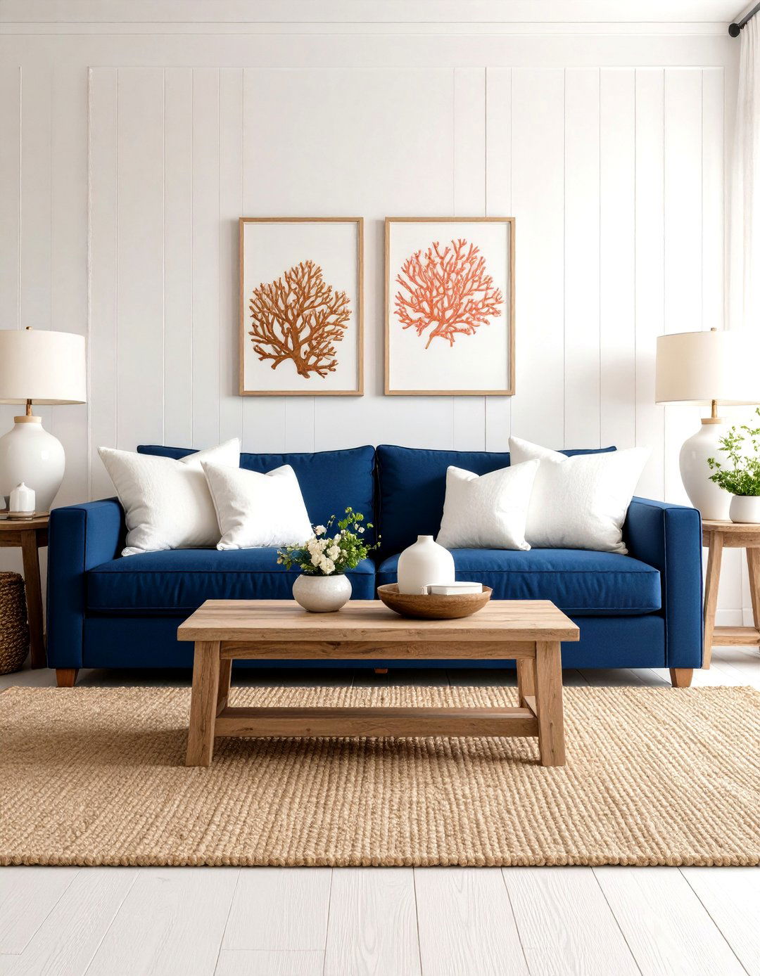 Navy Blue Couch Living Room with Coastal White Accents - 20 Blue Couch Living Room Ideas