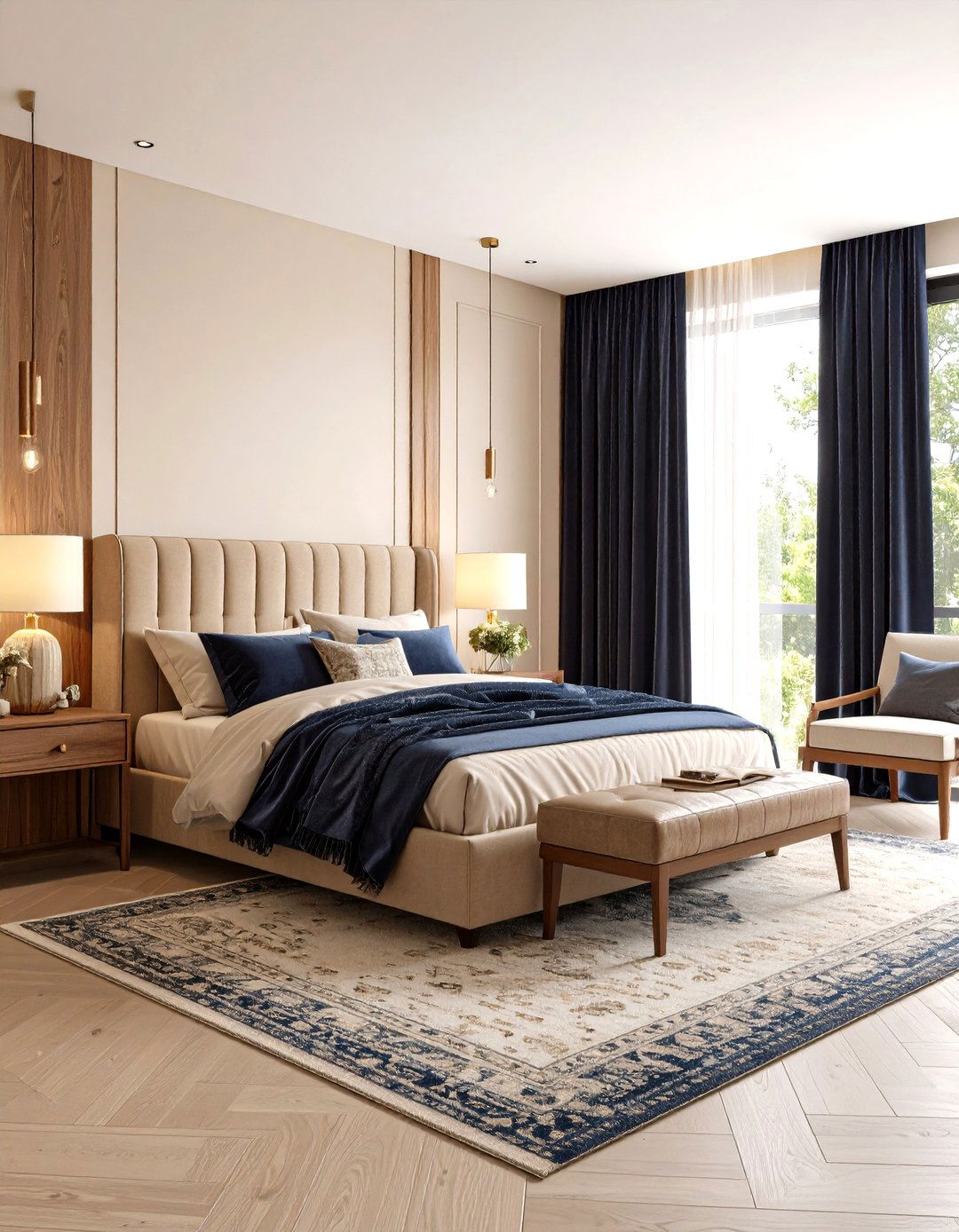 Navy Blue Curtains with Beige Walls Bedroom - 20 blue and beige bedroom ideas