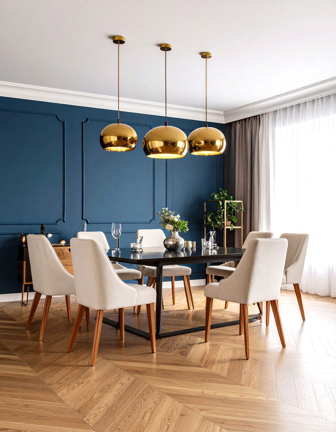 Navy Blue Dining Room with Statement Lighting - 20 Blue Dining Room Ideas