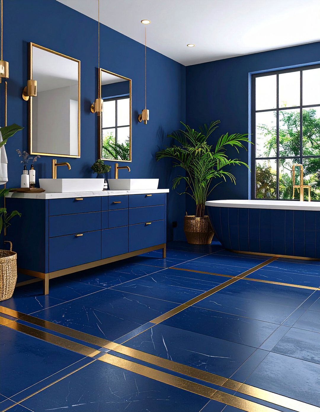 Navy Blue Flooring with Gold Inlay Strips - 20 Blue and Gold Bathroom Ideas