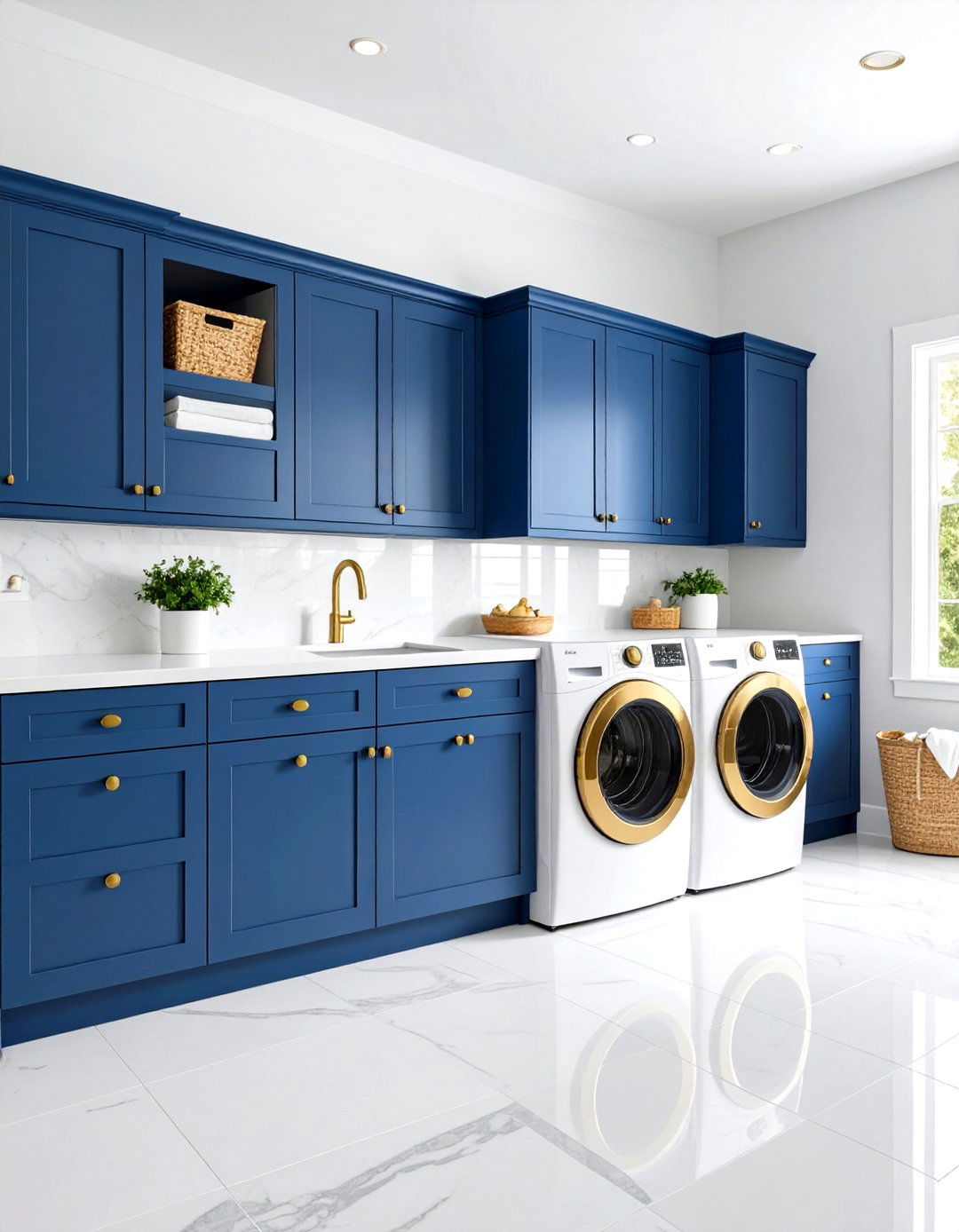 Navy Blue Laundry Room Cabinets with Brass Hardware - 20 Blue Laundry Room Ideas