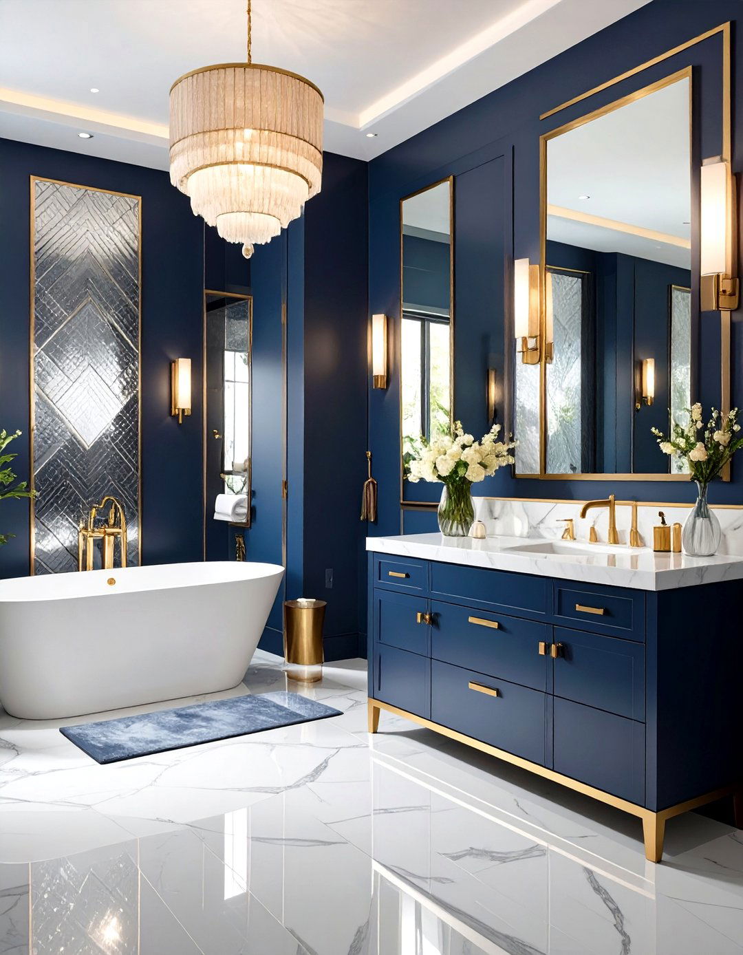 Navy Blue Powder Room Using Metallic Wallpaper - 20 navy blue powder room ideas