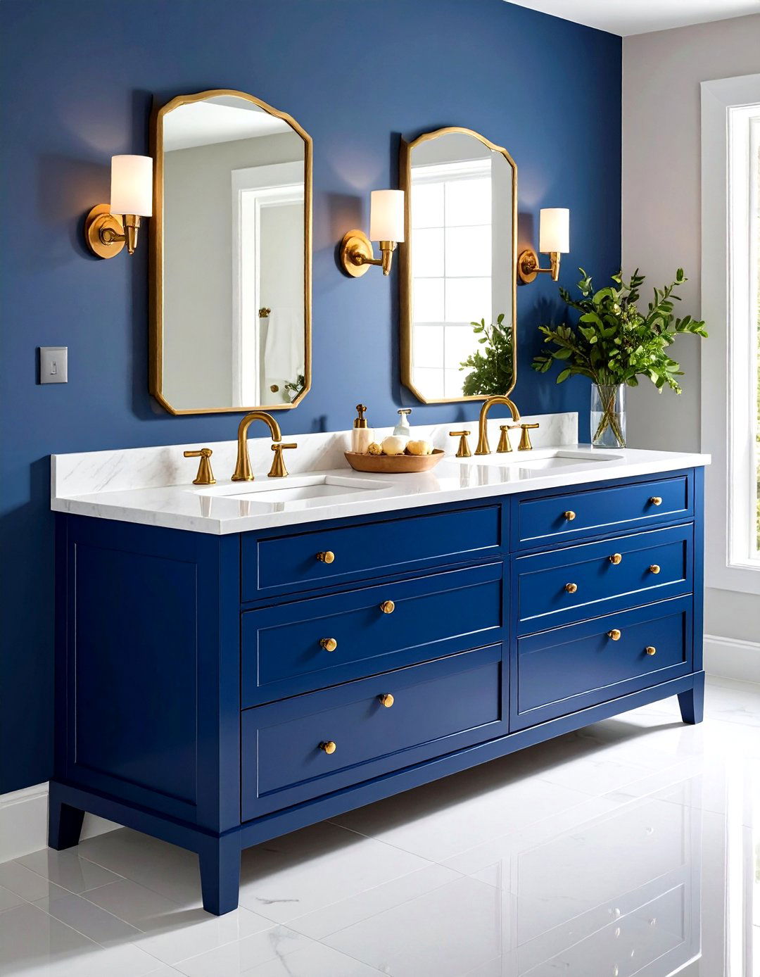 Navy Blue Powder Room Vanity with Brass Hardware - 20 blue powder room ideas