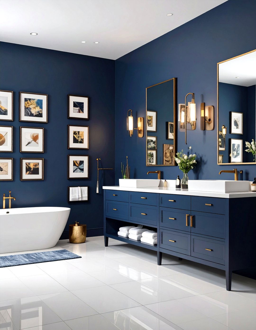 Navy Blue Powder Room With Art Gallery Wall - 20 navy blue powder room ideas