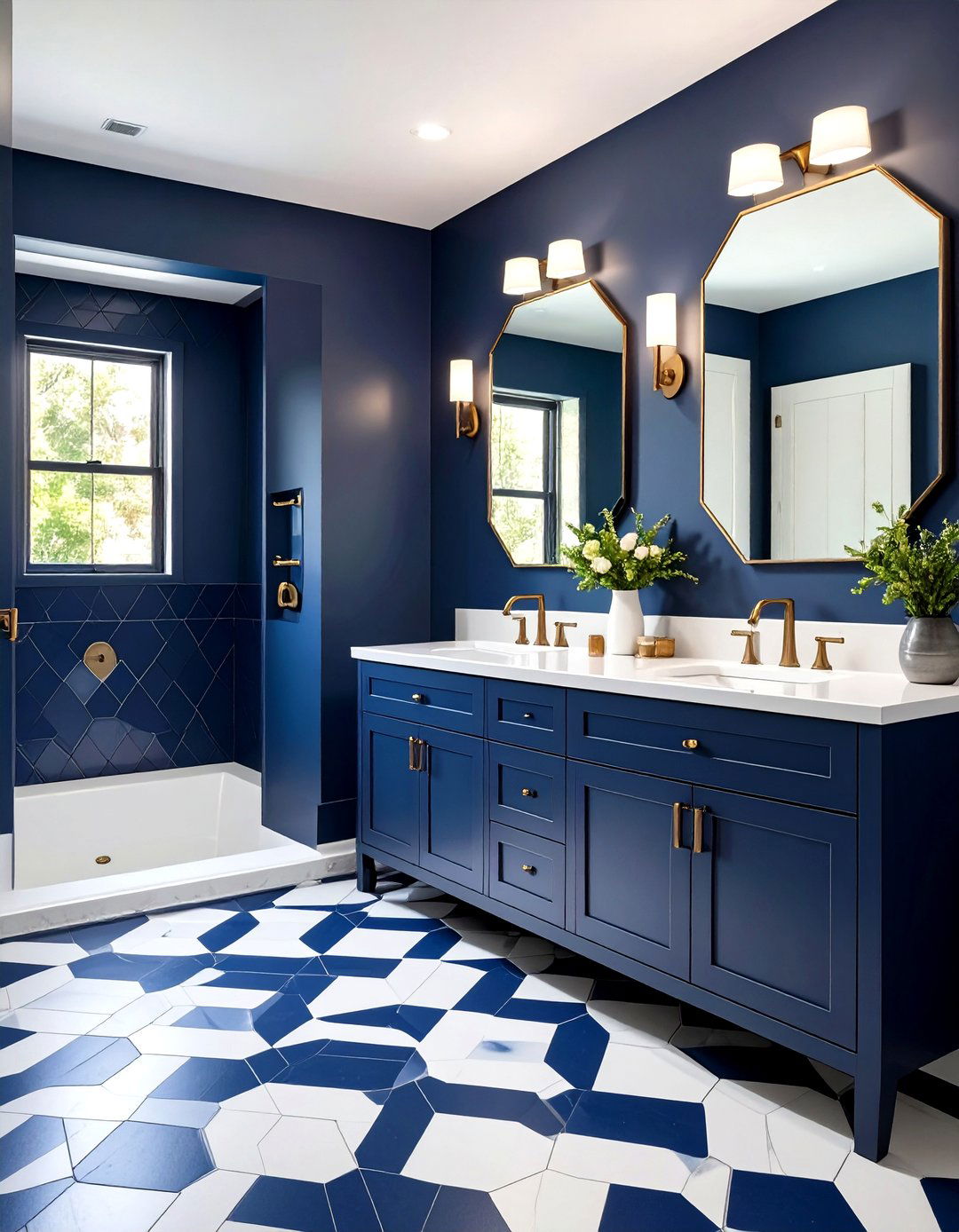 Navy Blue Powder Room With Geometric Tile Floor - 20 navy blue powder room ideas