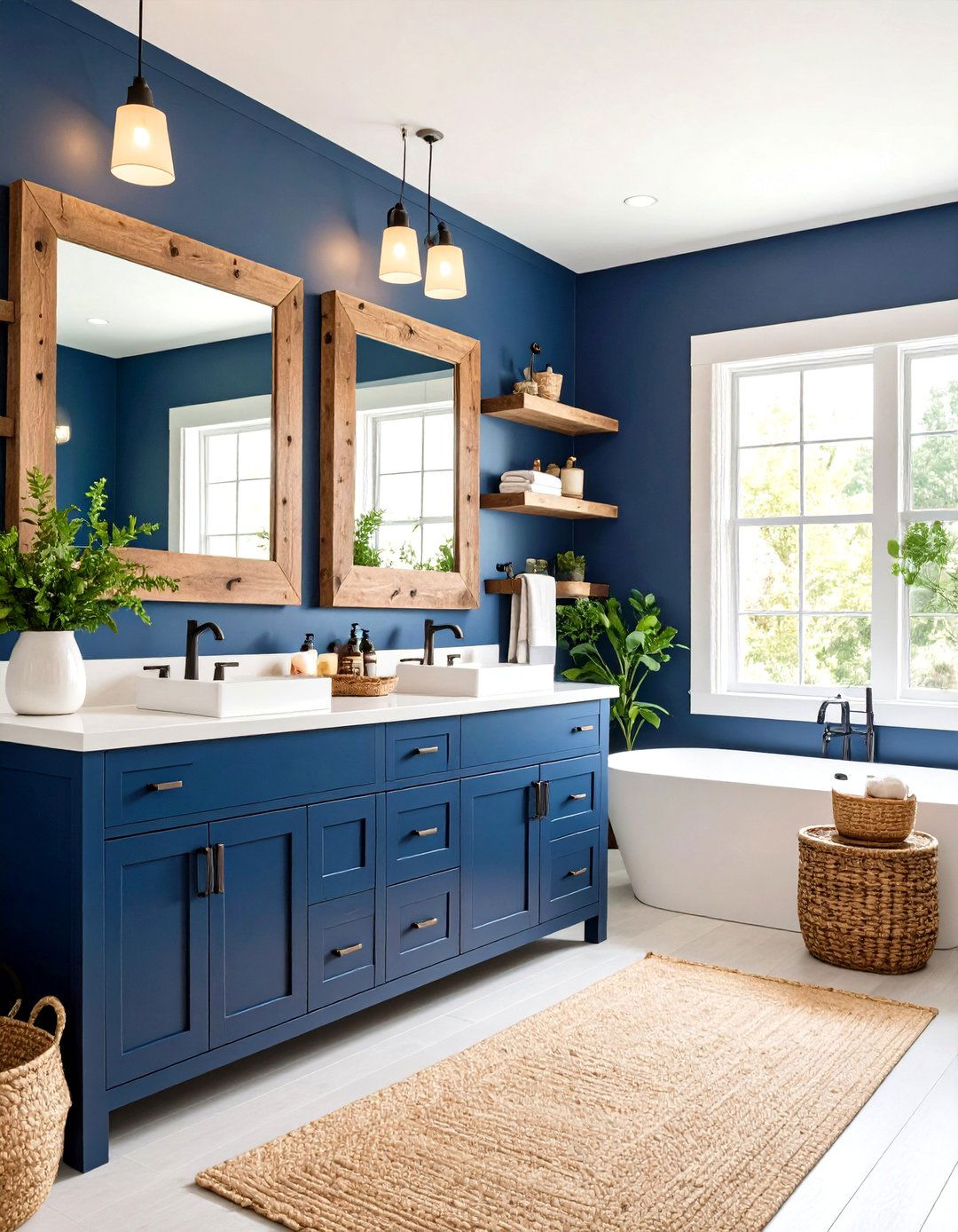 Navy Blue Powder Room With Natural Wood Accents - 20 navy blue powder room ideas