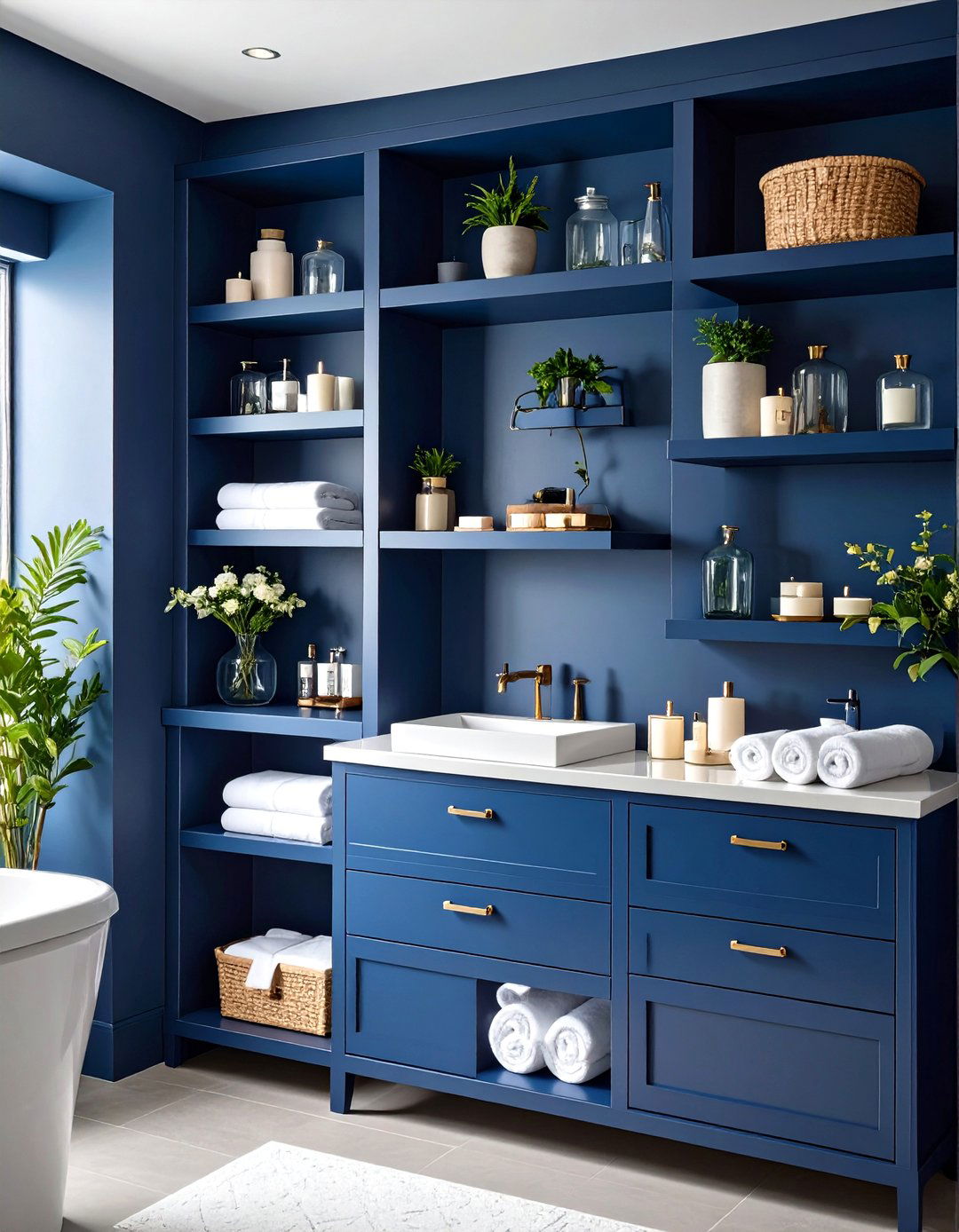 Navy Blue Powder Room With Open Shelving - 20 navy blue powder room ideas