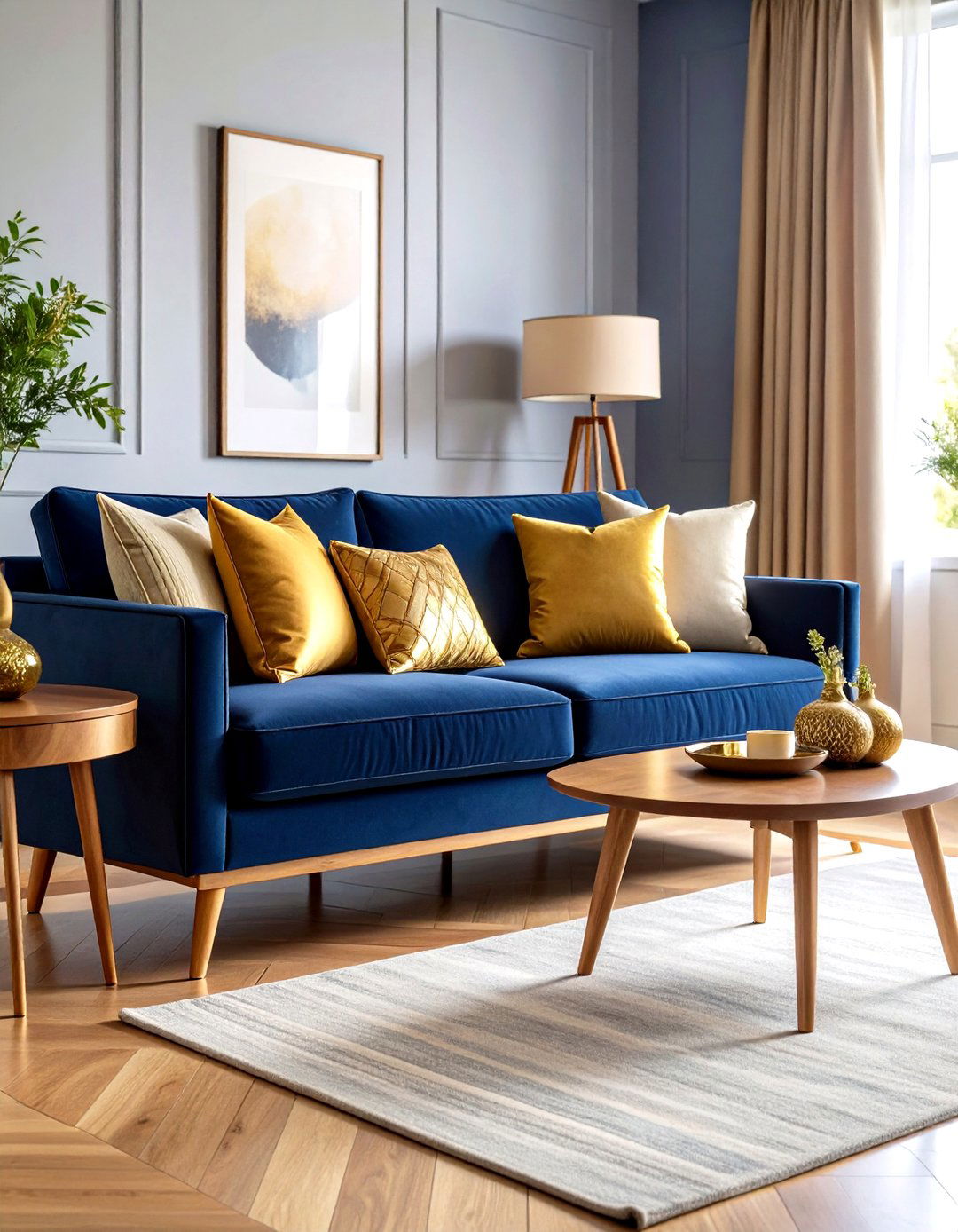Navy Blue Sofa with Gold Throw Pillows Living Room Ideas - 20 Blue and Gold Living Room Ideas