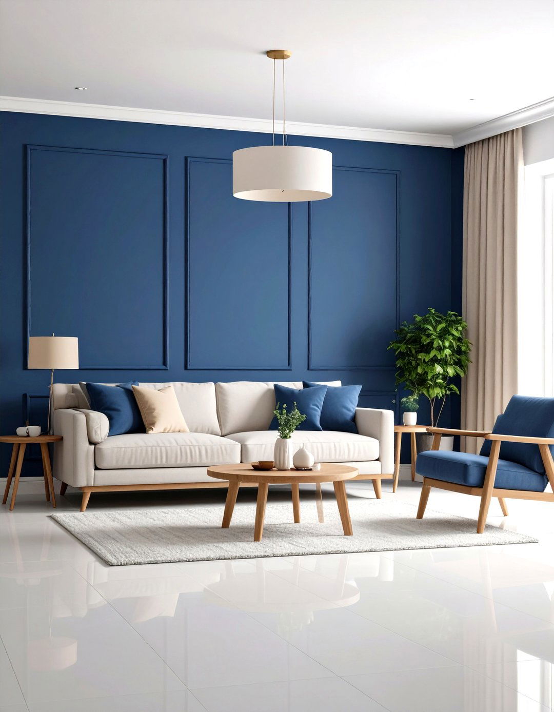 Navy Blue and Grey Living Room Walls with Light Furniture - 20 Blue and Grey Living Room Ideas