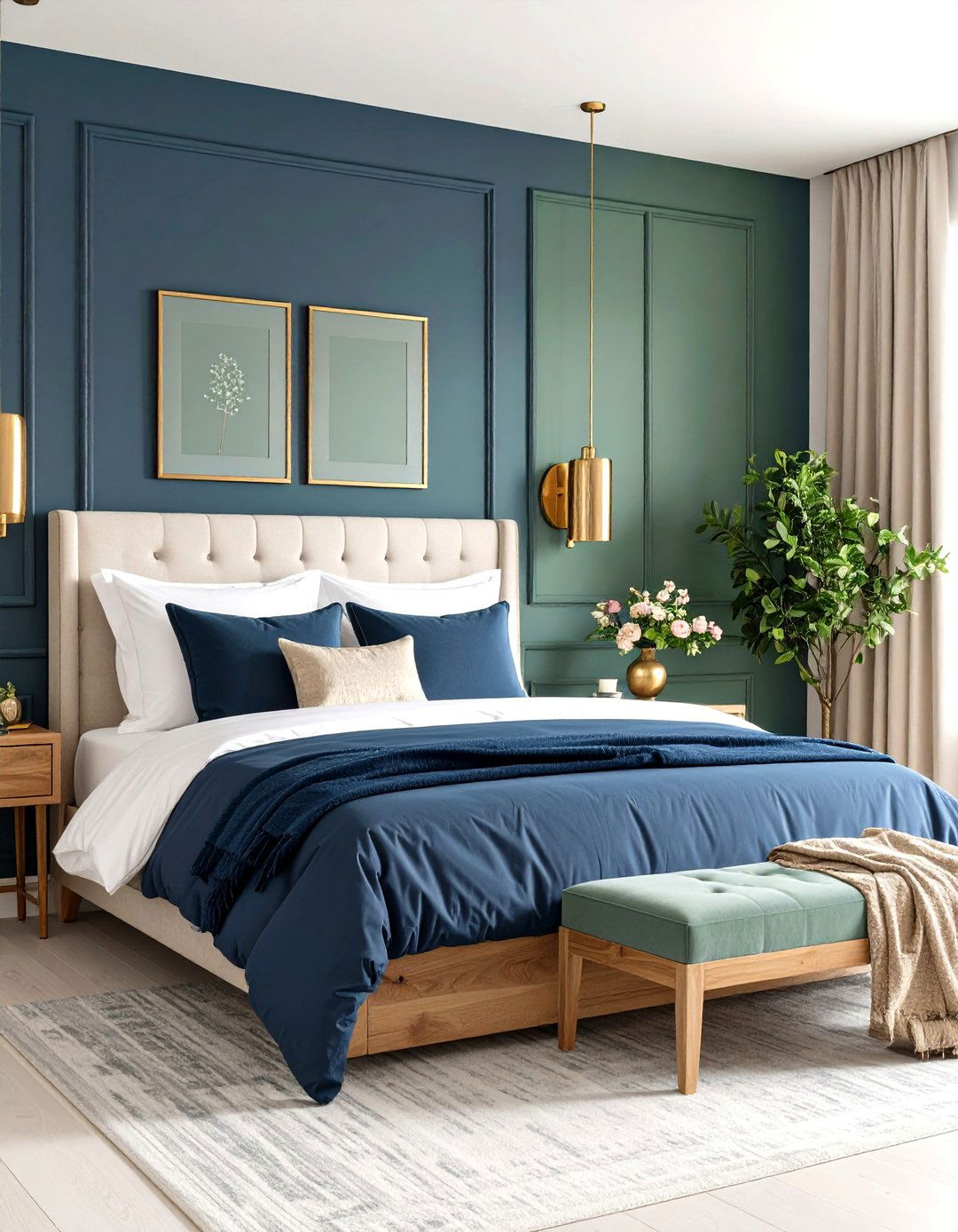 Navy Blue and Sage Green Bedroom with Metallic Gold Accents - 20 blue and green bedroom ideas
