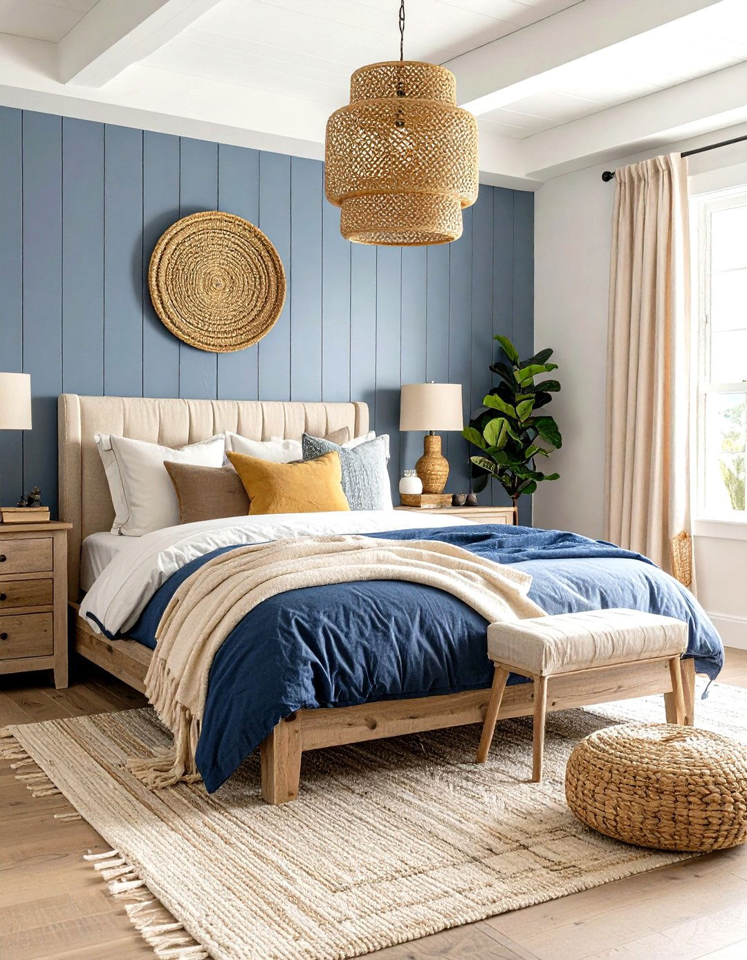Navy Blue and Sandy Beige Coastal Farmhouse Bedroom - 20 blue and beige bedroom ideas