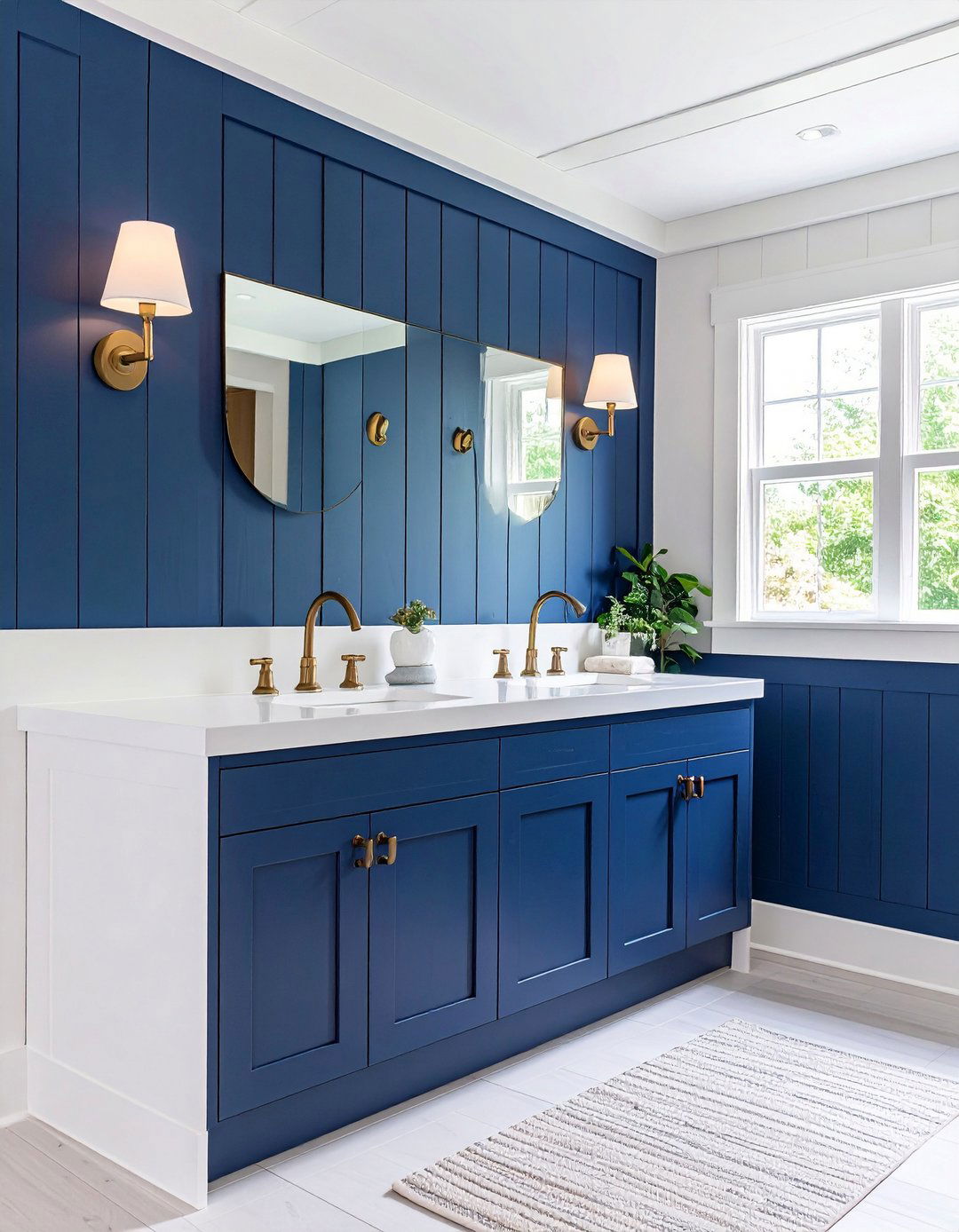 Navy Board and Batten Half Wall - 20 Blue and White Bathroom Ideas