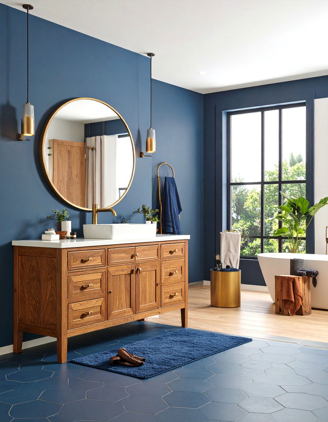 Navy Brass and Walnut Masculine Bathroom - 20 Masculine Bathroom Ideas