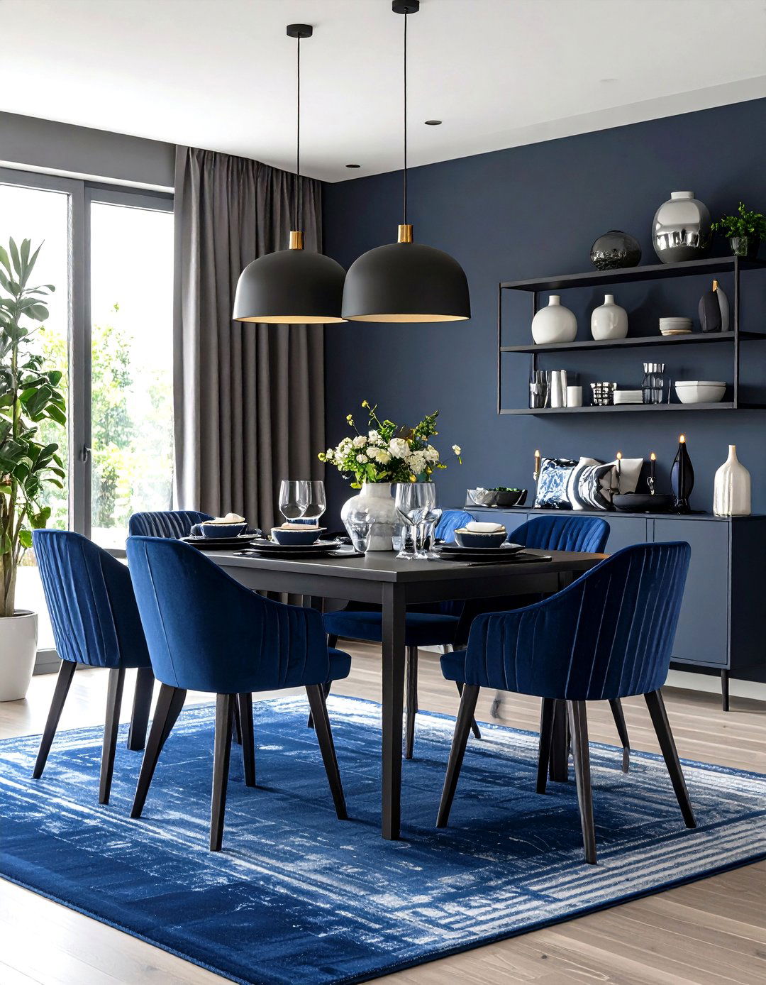 Navy Contrast Deepens a Gray Dining Room - 20 Gray Dining Room Ideas
