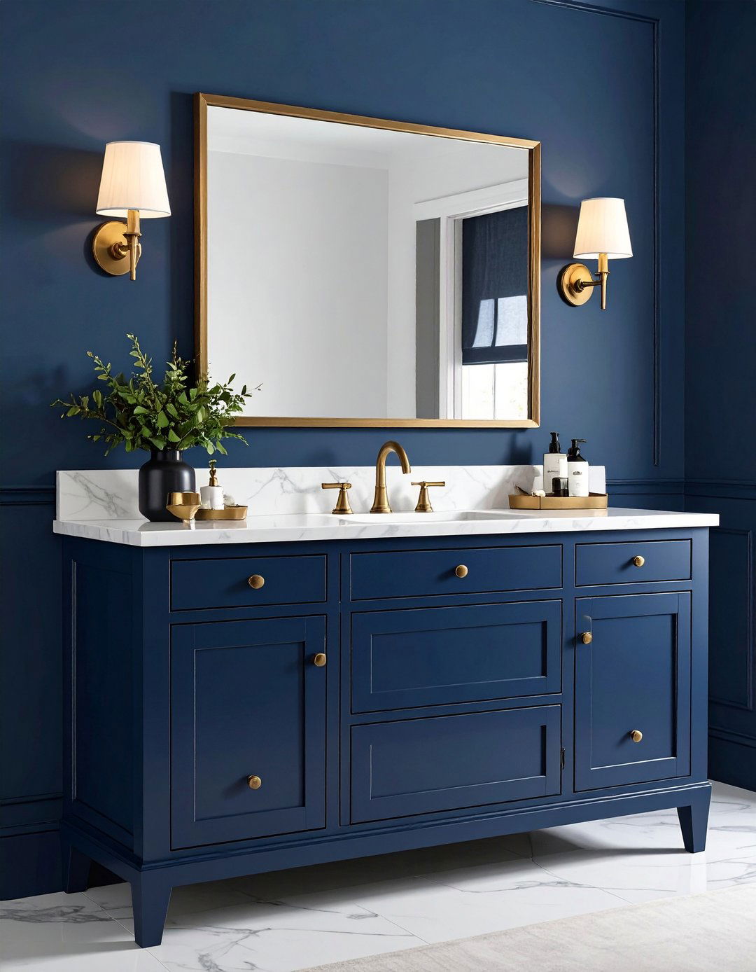 Navy Vanity and Brass Bling - 20 Blue and White Bathroom Ideas