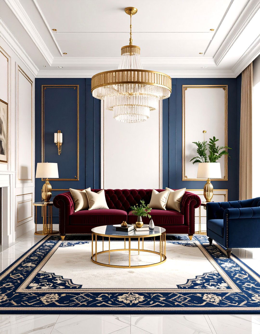 Navy and Brass Art Deco Glam - 20 Burgundy Sofa Living Room Ideas
