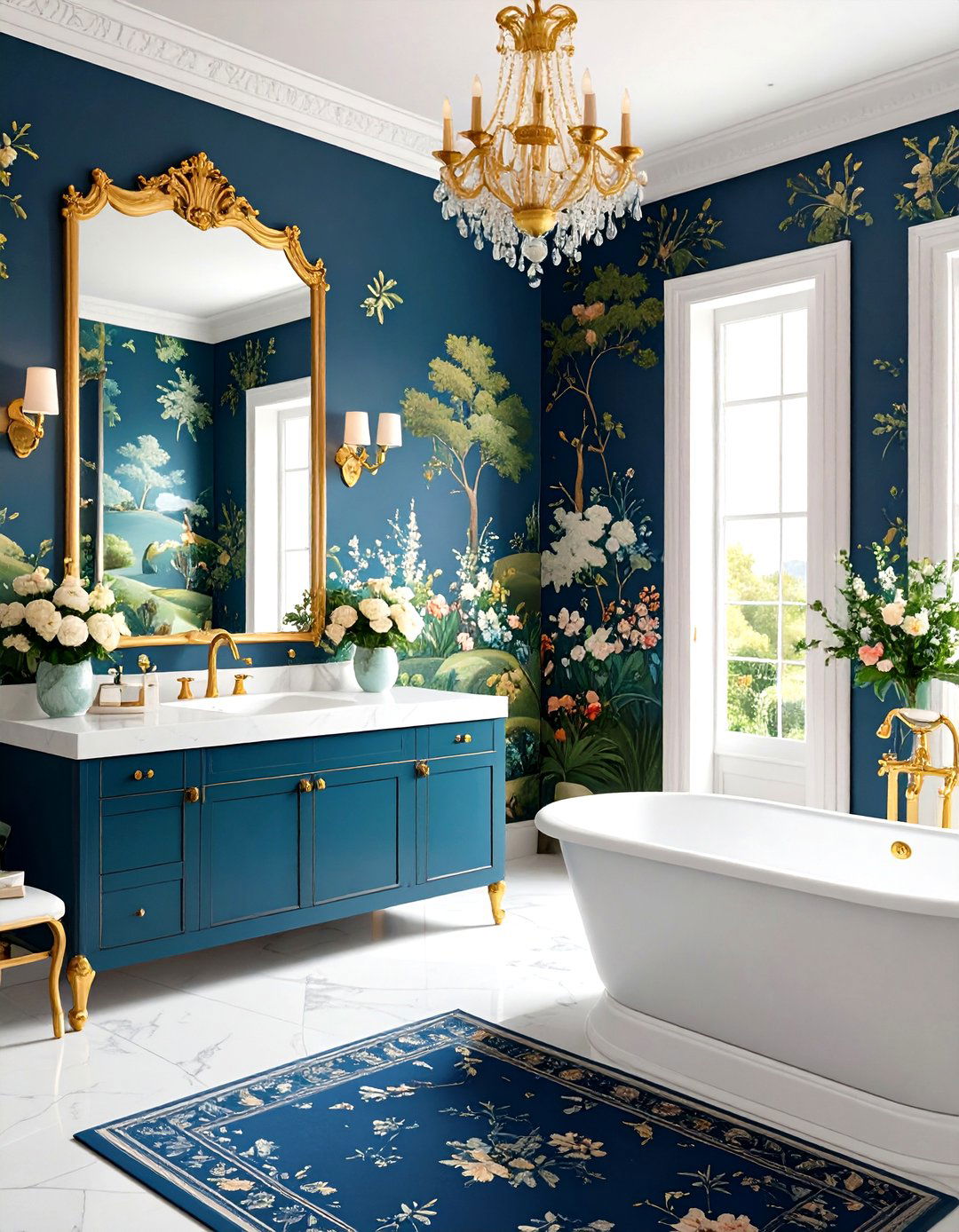 Navy and Gold Toile Powder Room Wallpaper - 20 Powder Room Wallpaper Ideas