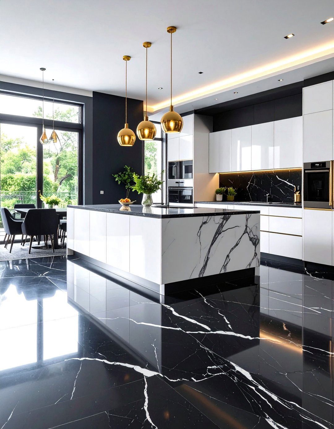 Nero Marquina Contrast Marble Kitchen Floor - 20 Marble Kitchen Floor Ideas