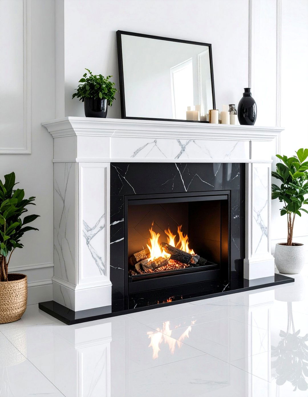 Nero Marquina Marble Statement - 20 Black and White Fireplace Ideas